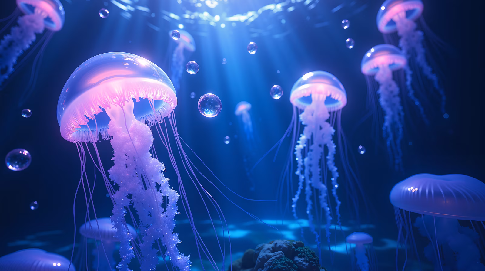 Glowing jellyfish in a serene underwater world.