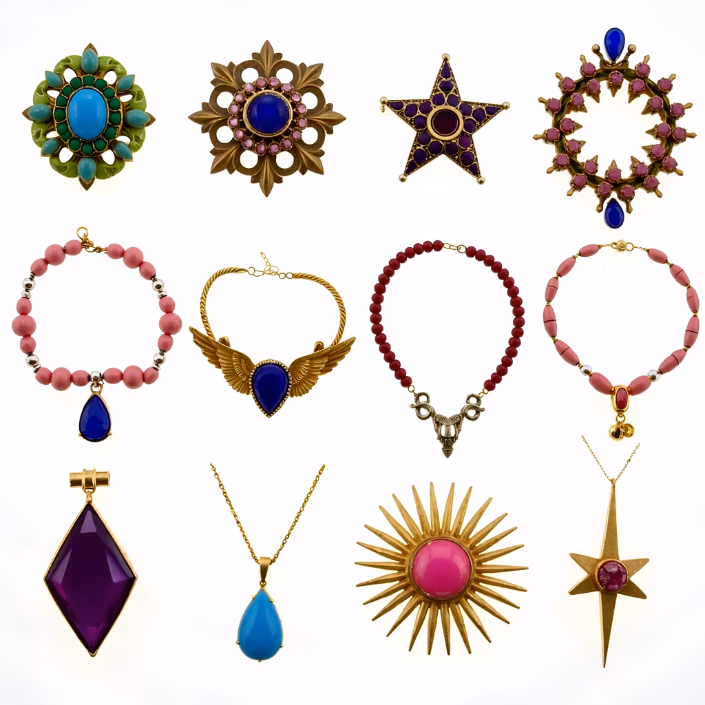A colorful array of jewelry pieces with intricate designs and bold gemstones.