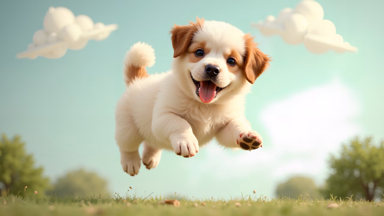 A joyful puppy leaping into the air, capturing pure happiness and energy.