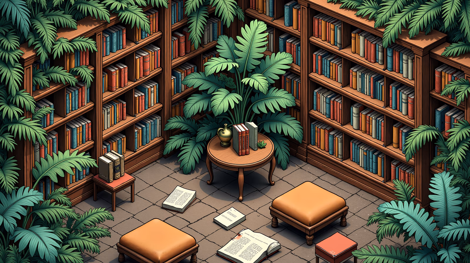 A tranquil jungle library filled with books and lush greenery, perfect for a peaceful read.