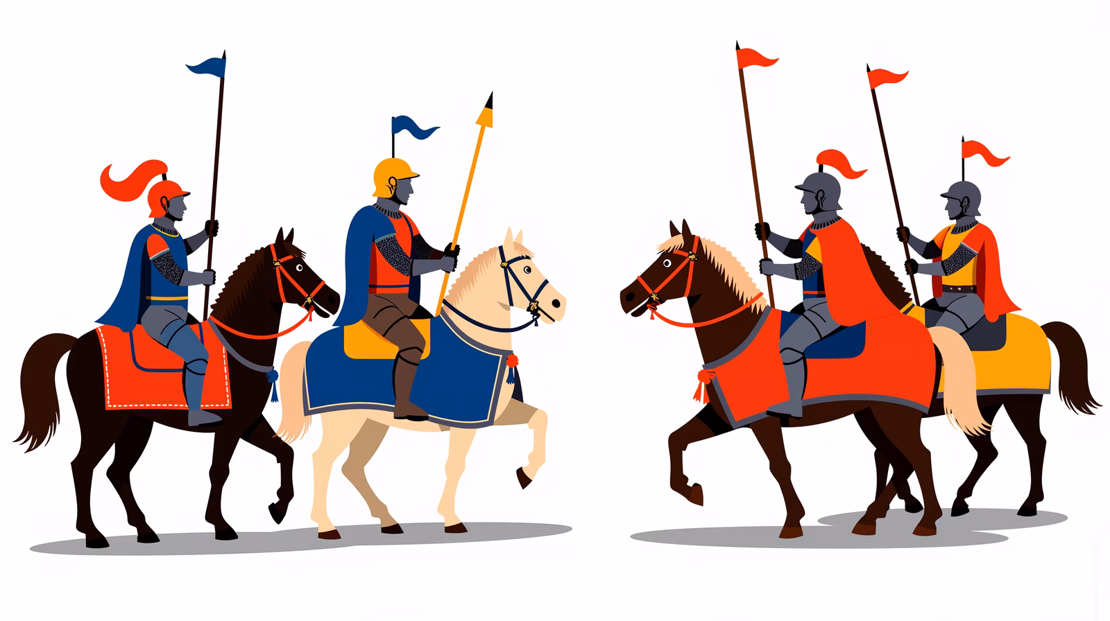 Vibrant medieval knights on horseback, ready for action.