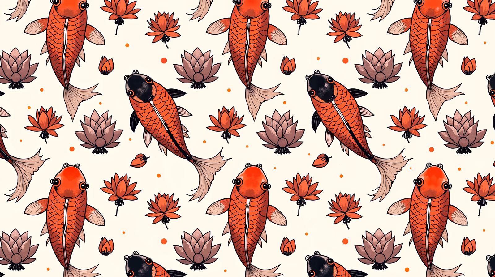 Vibrant koi fish and lotus flowers create a tranquil artistic pattern.