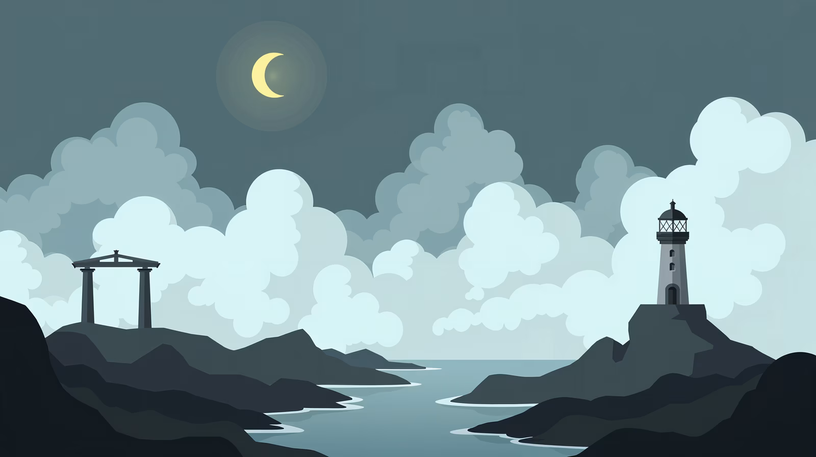 A lighthouse under a crescent moon, serene coastal landscape, minimalist design, night scene, tranquility, solitude, natural beauty, coastal architecture, moonlit sky, minimalist art