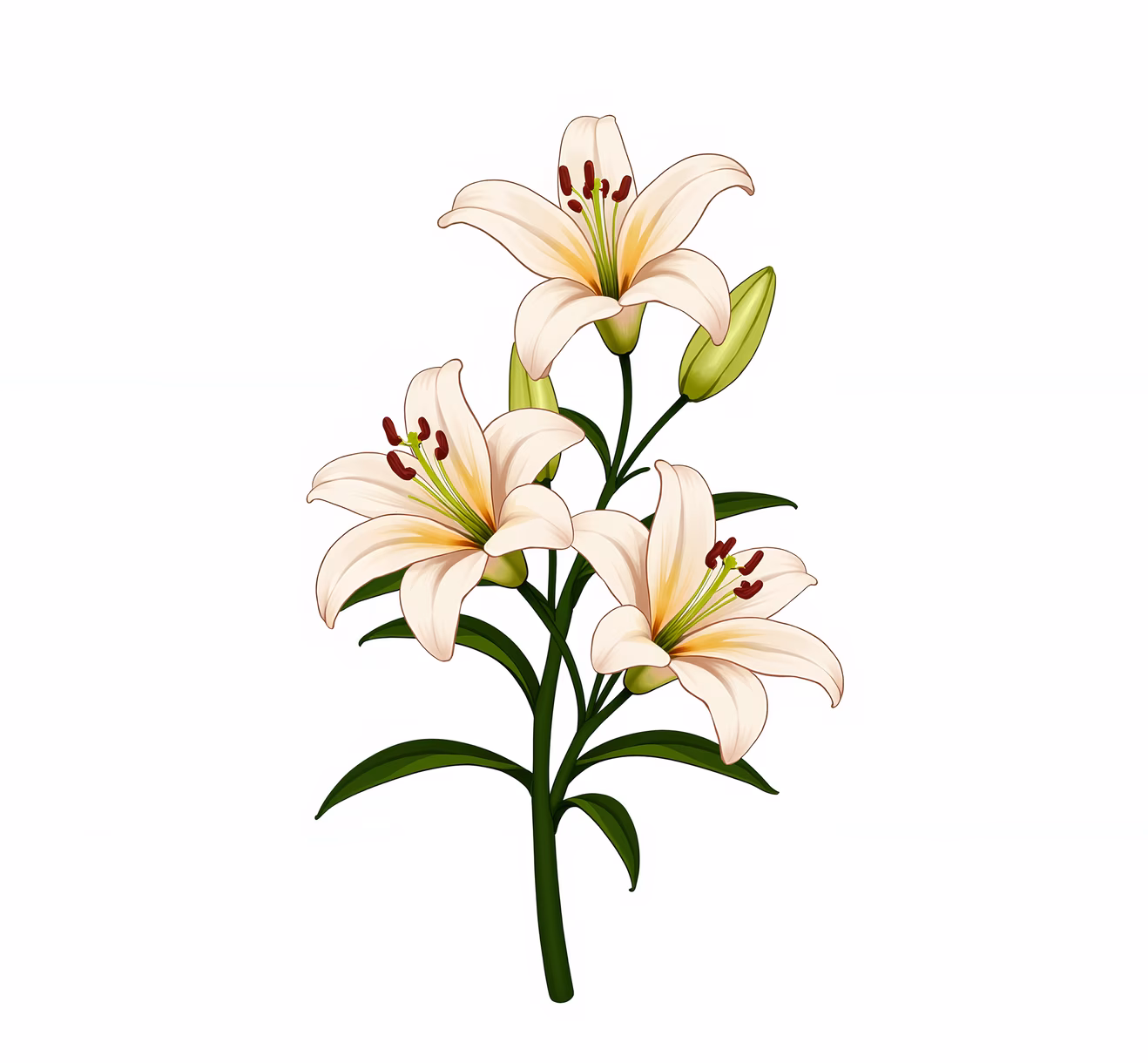 Delicate lilies with soft beige petals and vibrant green centers, creating a serene floral illustration.