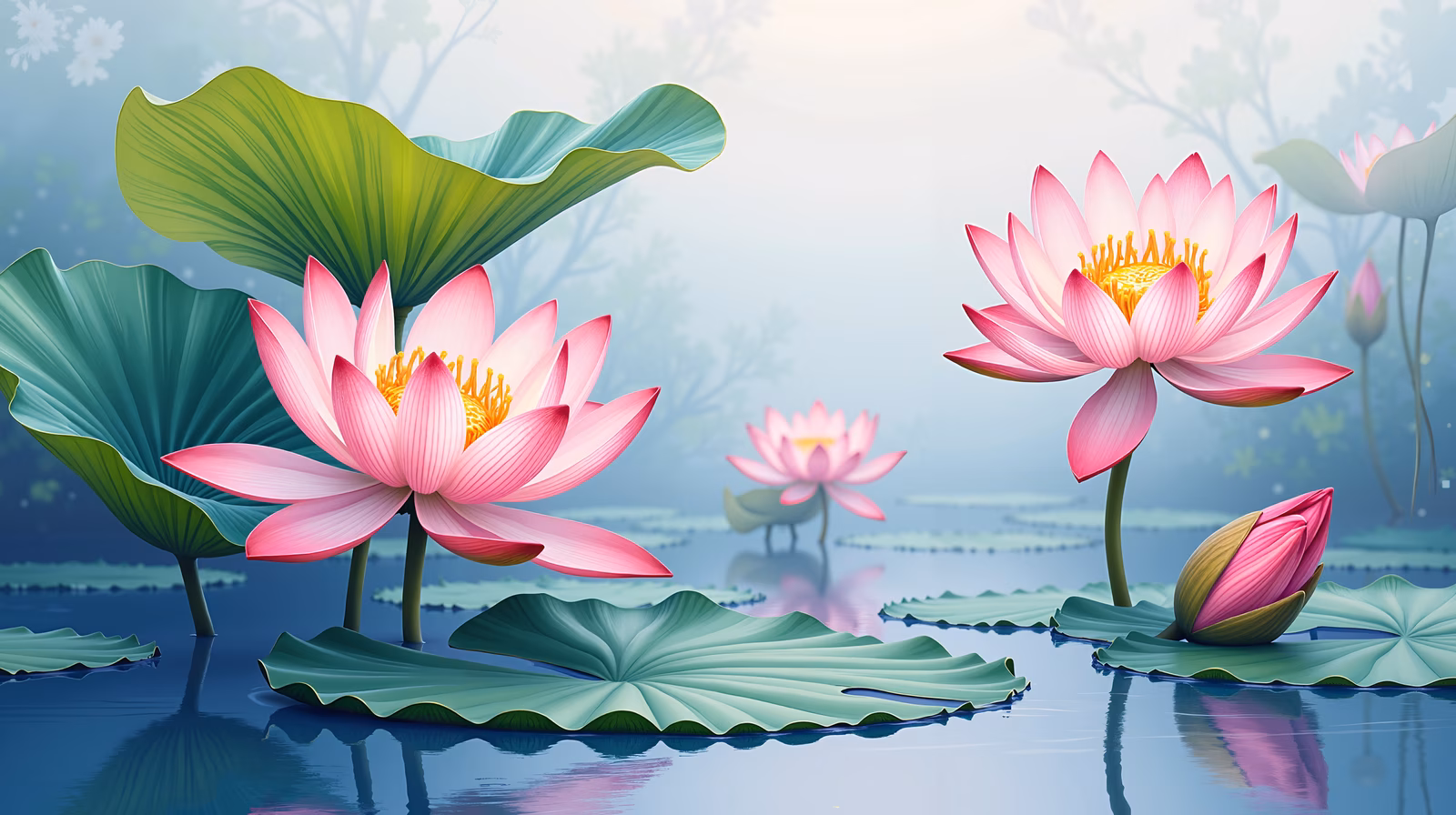 A peaceful pond scene with blooming lotus flowers and lush greenery.