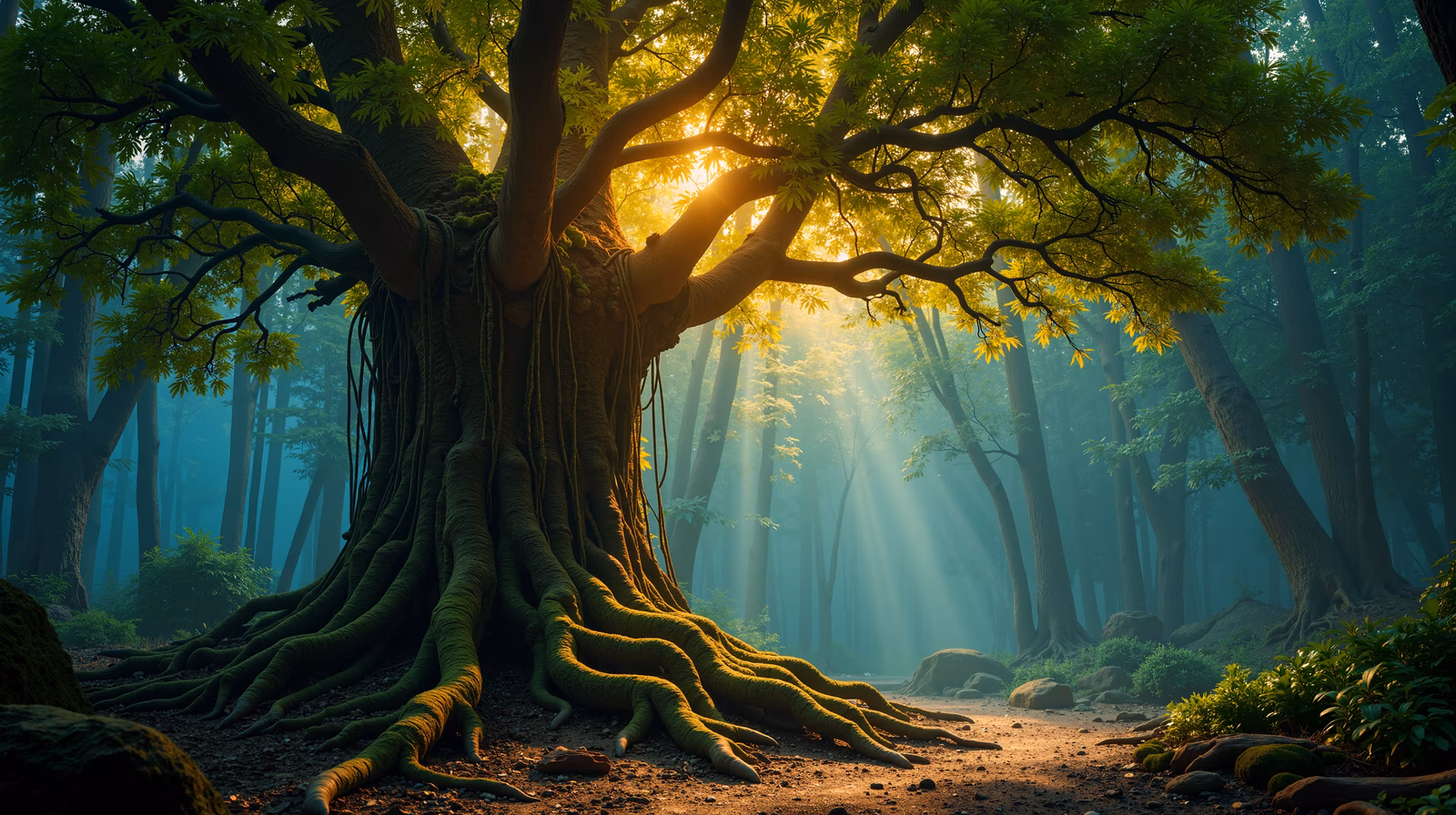 A majestic tree in a tranquil forest, bathed in sunlight and surrounded by lush greenery.