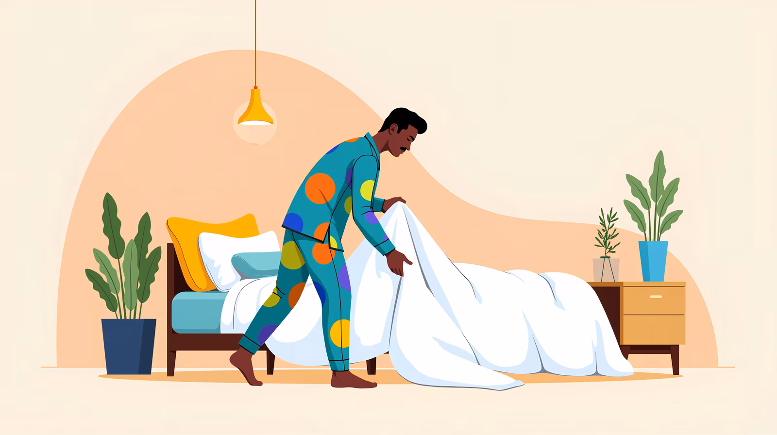 A man in colorful pajamas making his bed in a cozy, pastel-colored room.