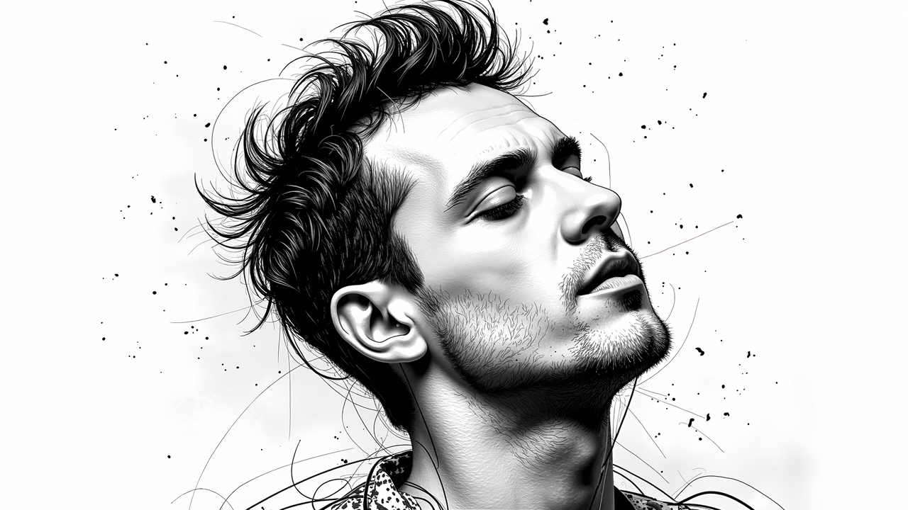 A serene black-and-white portrait of a man with closed eyes, exuding tranquility and introspection.