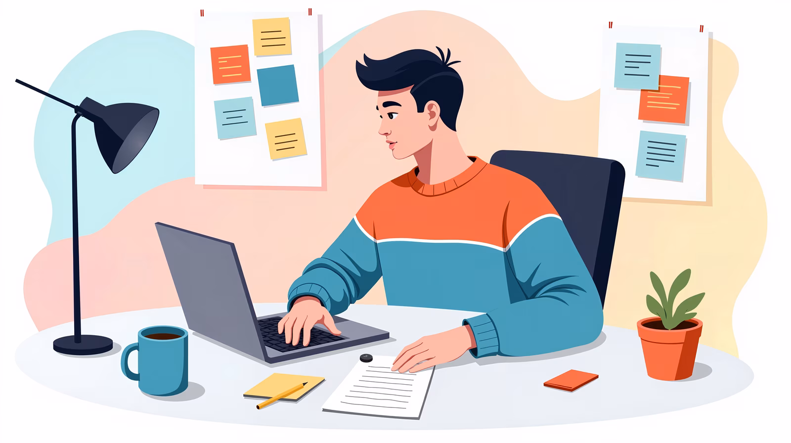 A man working at his desk in a cozy, productive workspace.