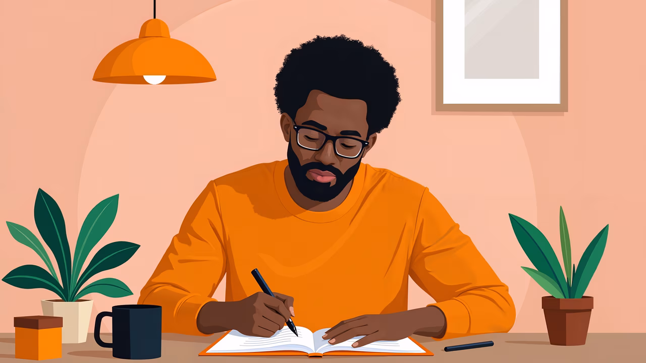 A man deeply engaged in writing, surrounded by a warm and creative environment.