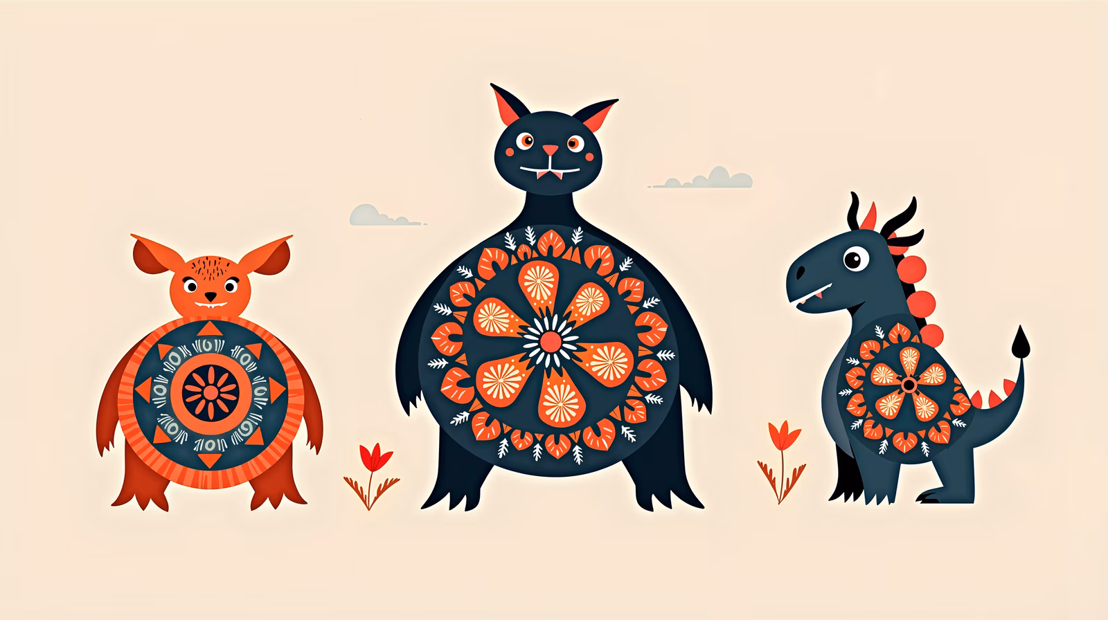 Whimsical animals with mandala patterns in a playful, colorful illustration.