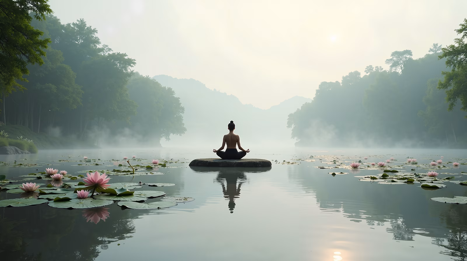 A person meditating on a misty lake surrounded by lotus flowers, capturing tranquility and peace.