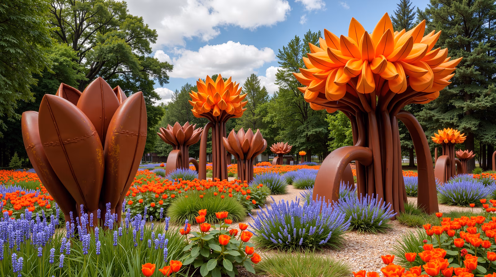 Metallic flowers in a colorful garden under a bright sky.