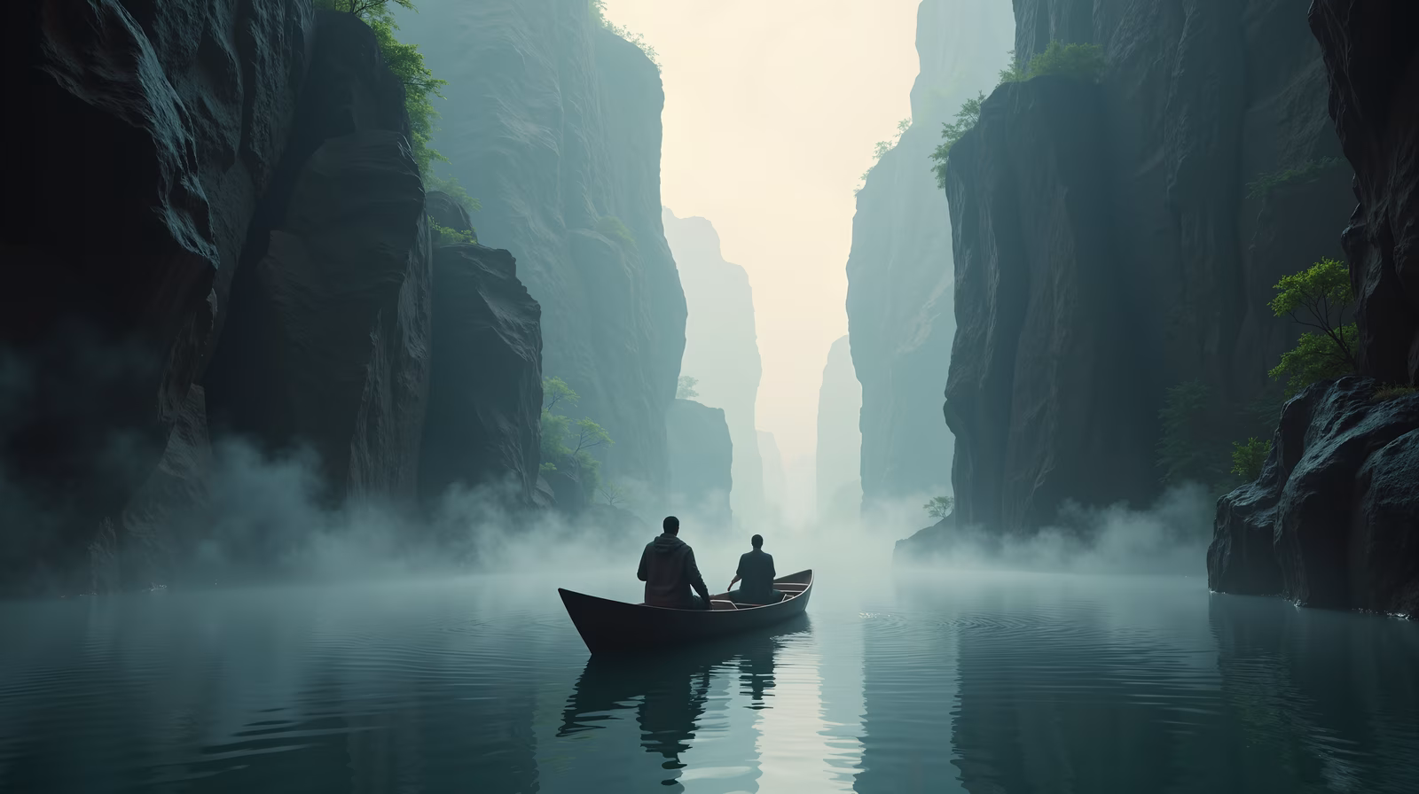Two figures in a boat amidst a misty canyon, evoking a sense of peace and mystery.