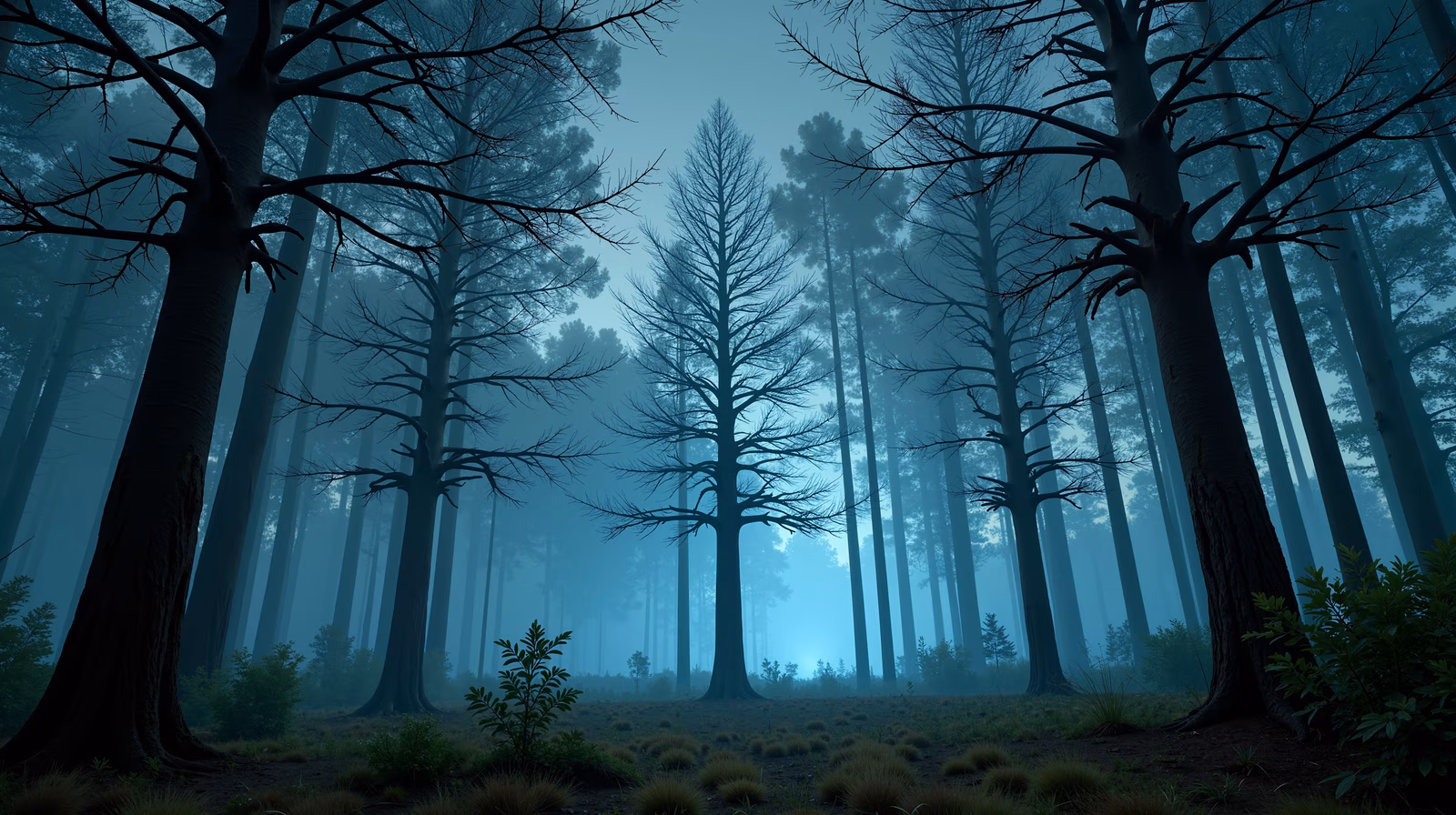 Mysterious misty forest with tall trees and cool tones.