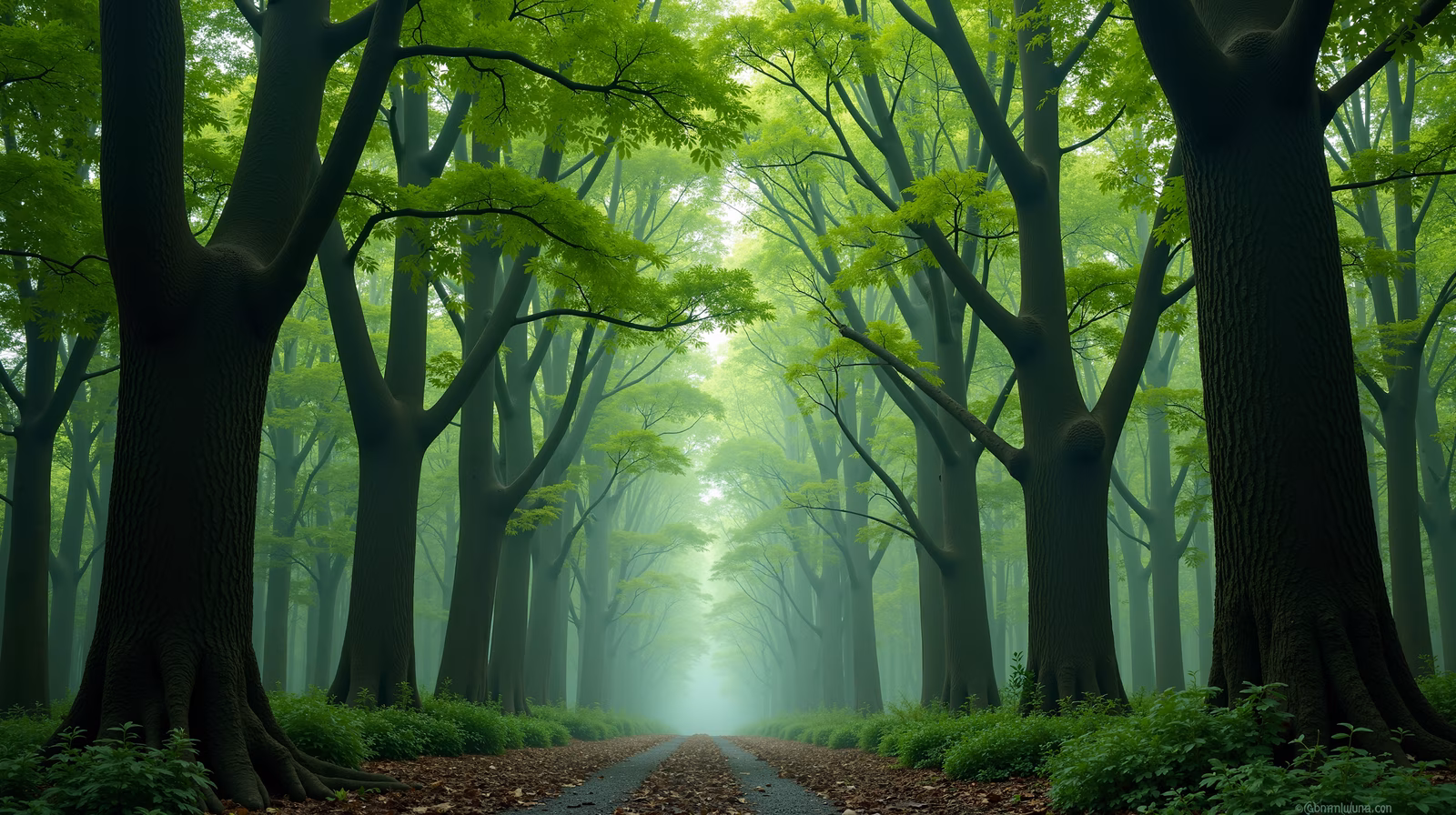 A misty forest path surrounded by tall trees, creating a serene and mysterious atmosphere.