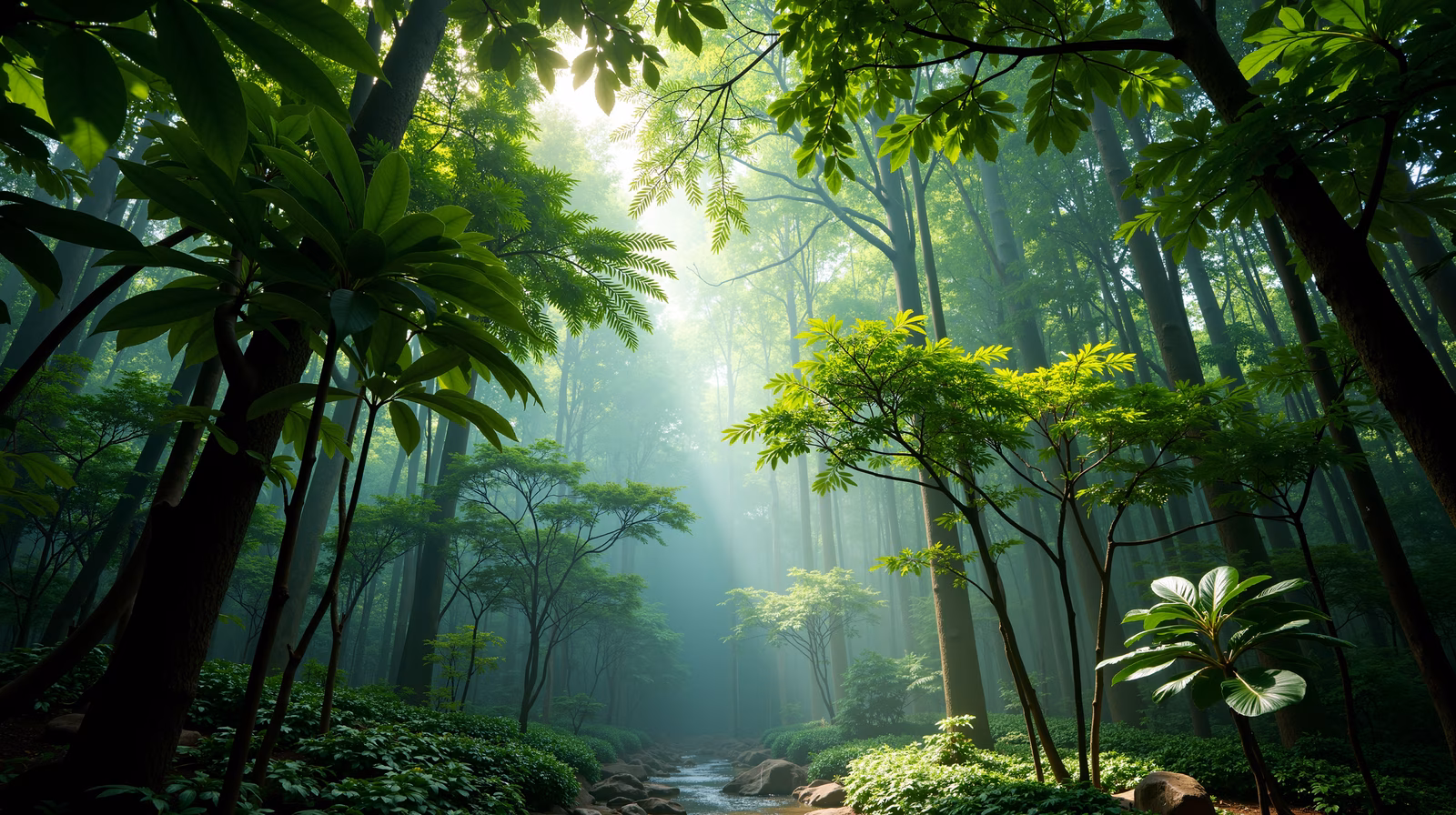 A misty forest scene with sunlight filtering through trees and a small stream running through it.