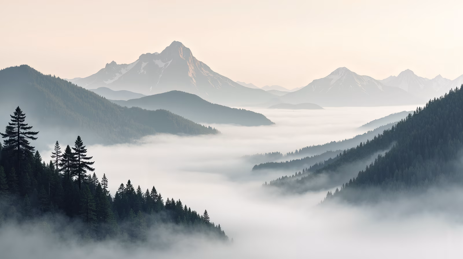Misty mountain range with dense forests and rugged peaks, creating a serene and mystical landscape.