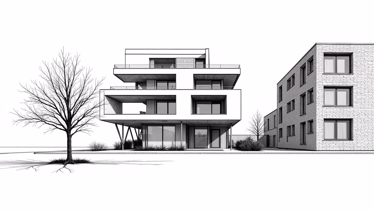 Minimalist modern architecture illustration with clean lines and large windows.