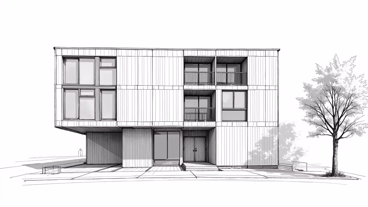 Minimalist modern building sketch with clean lines and symmetrical design.