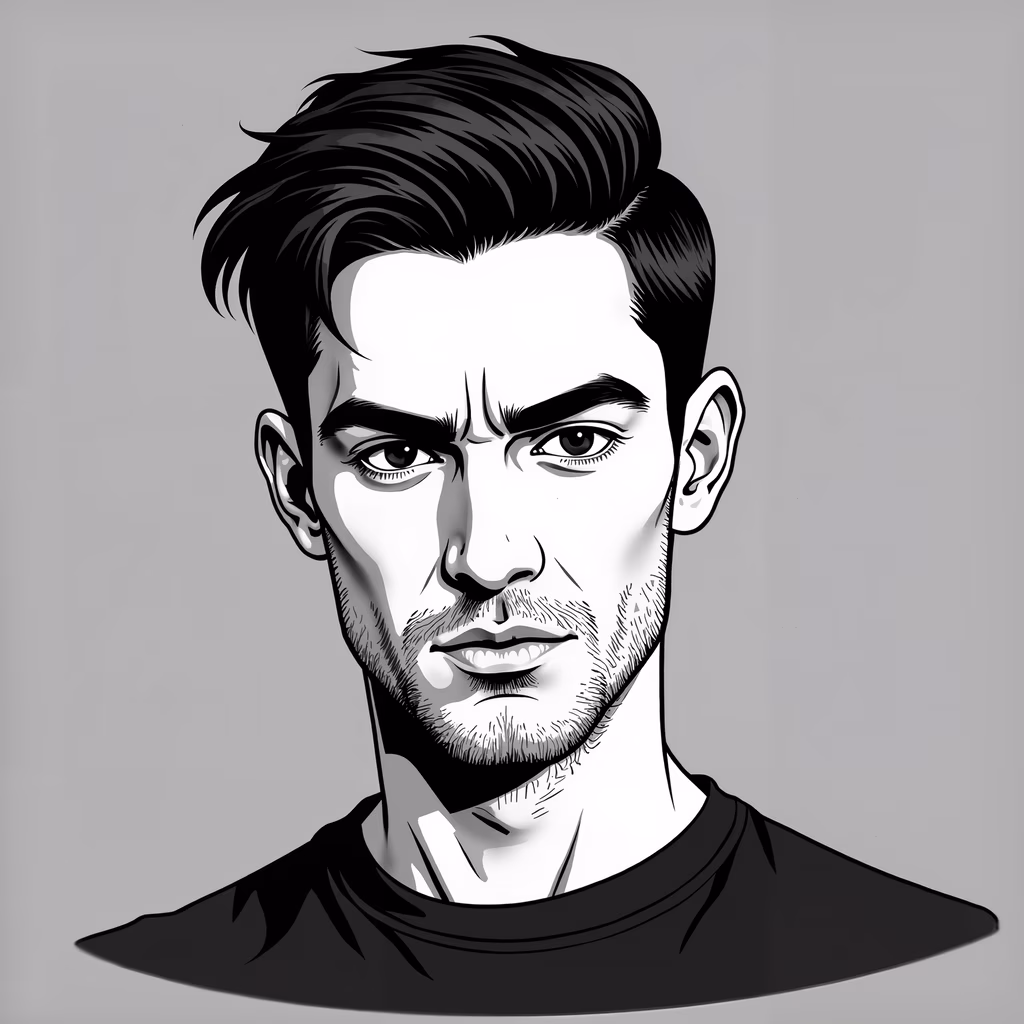 Detailed monochrome portrait with intricate textures and sharp contrasts.