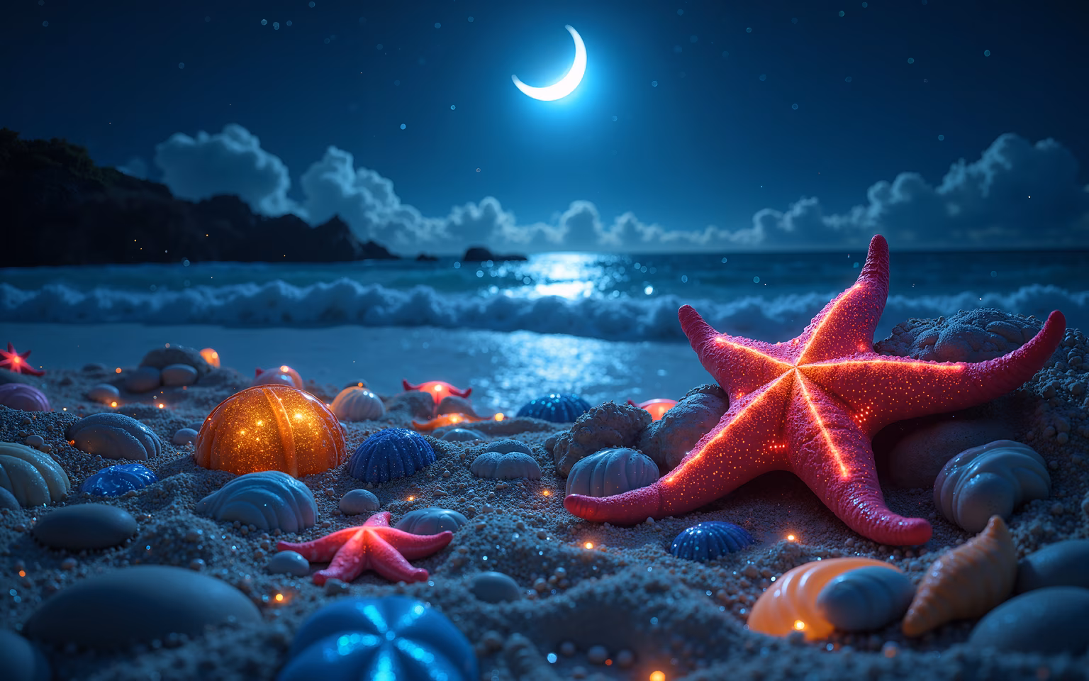 A glowing crescent moon illuminates a peaceful beach scene with colorful seashells and starfish.