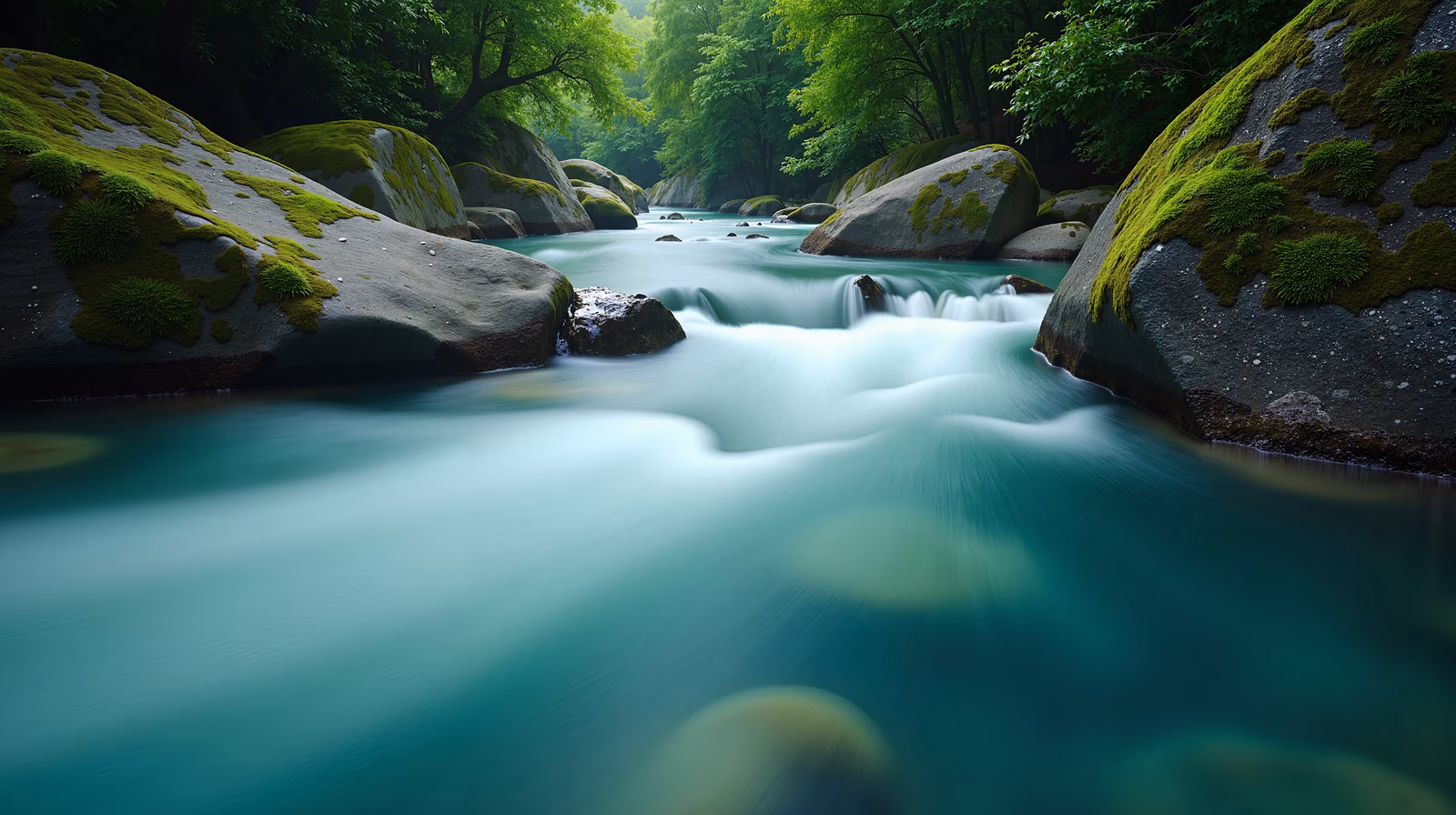 A tranquil river surrounded by mossy rocks and greenery, capturing nature's serenity.