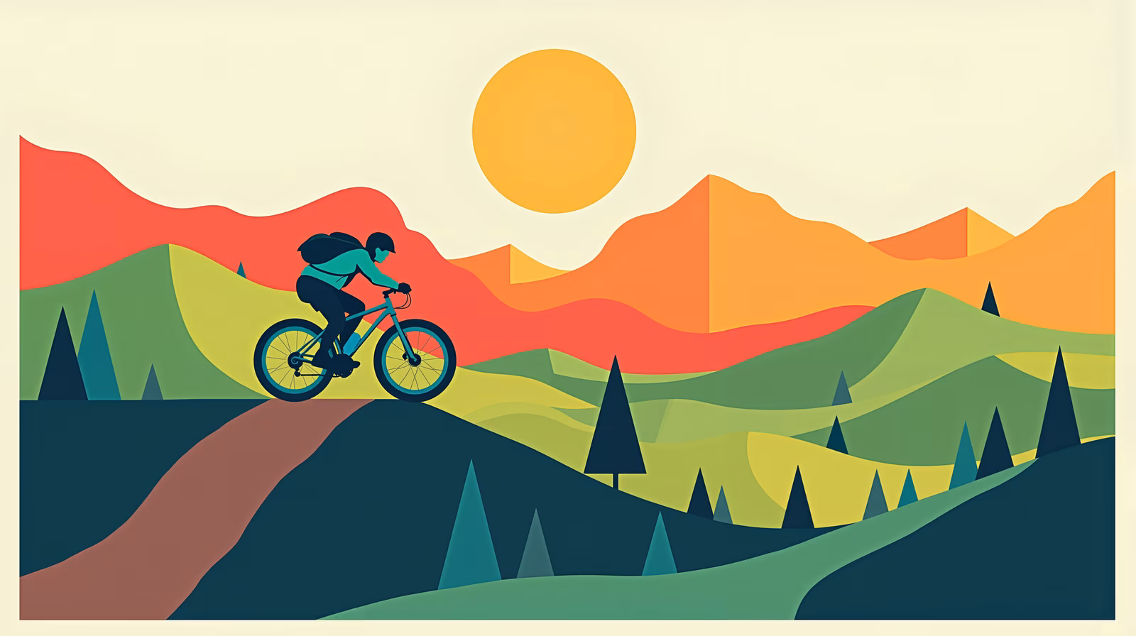 Vibrant mountain bike adventure illustration featuring cyclist and scenic landscape.