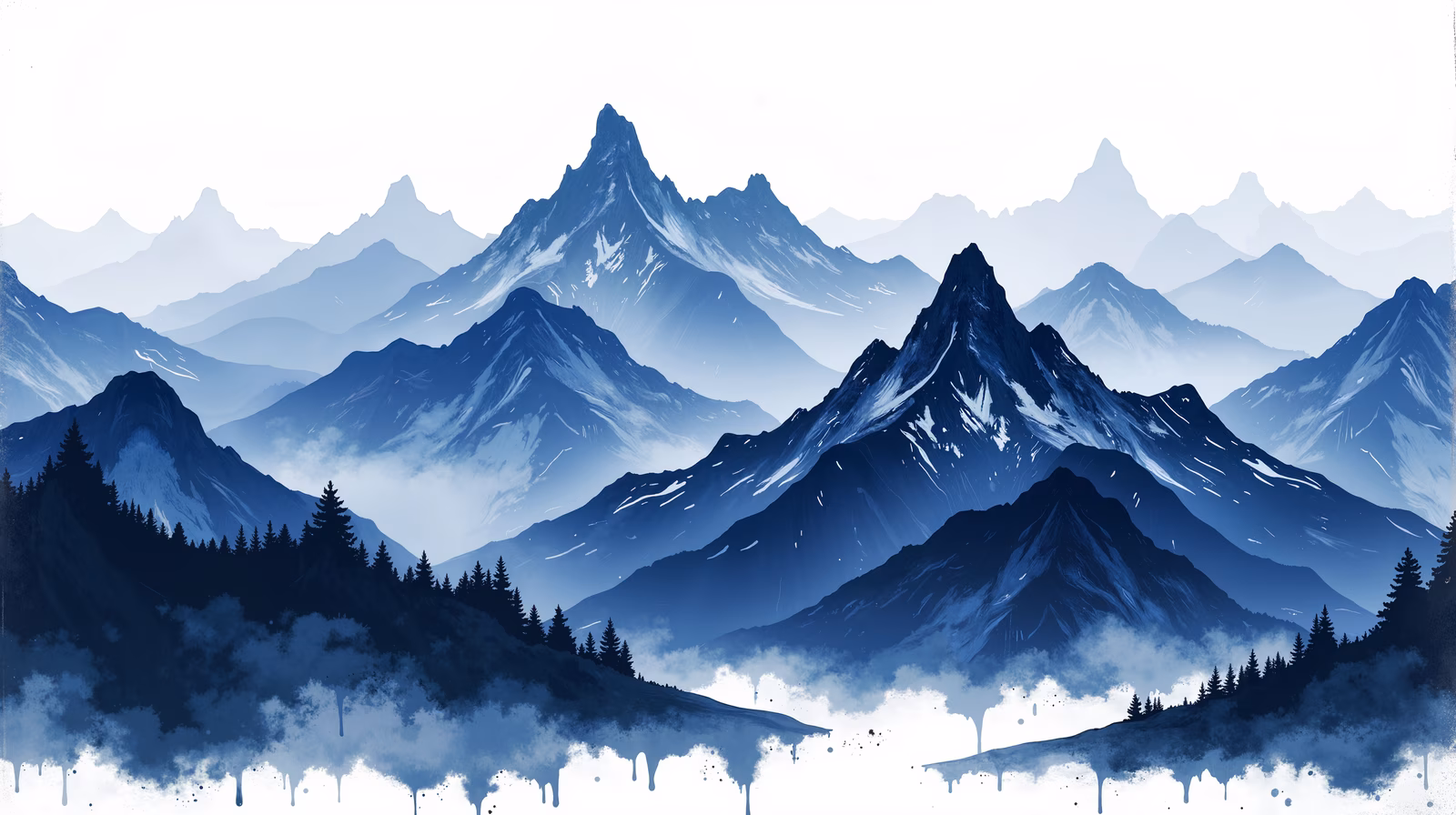 Impressionist mountain landscape with deep blue tones and dynamic brushstrokes.