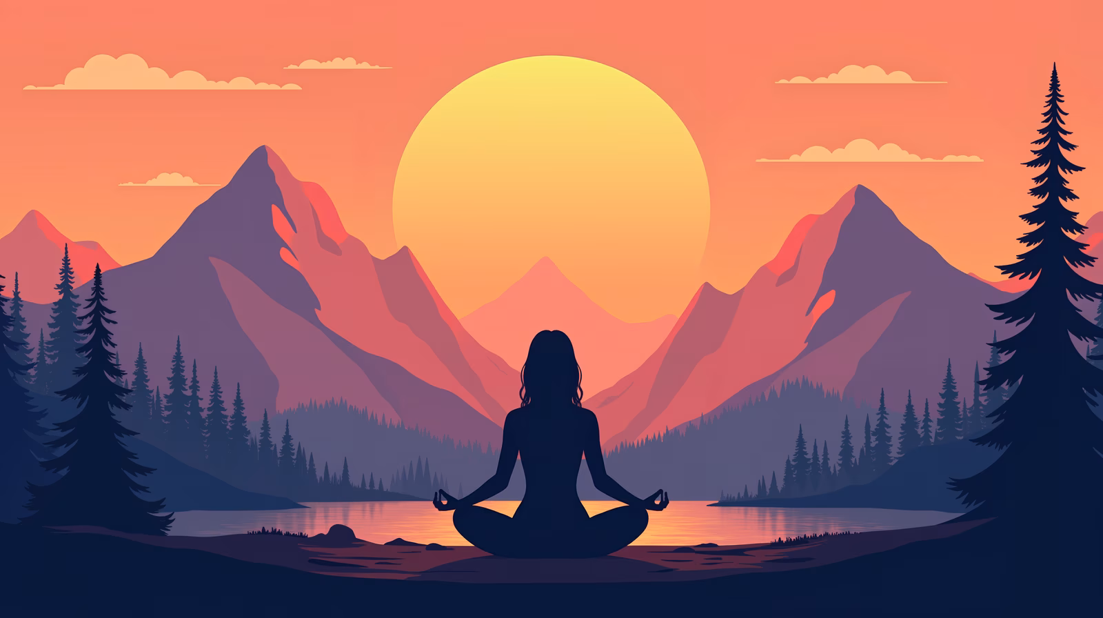 Silhouette meditation amidst mountainous sunset, evoking peace and harmony.