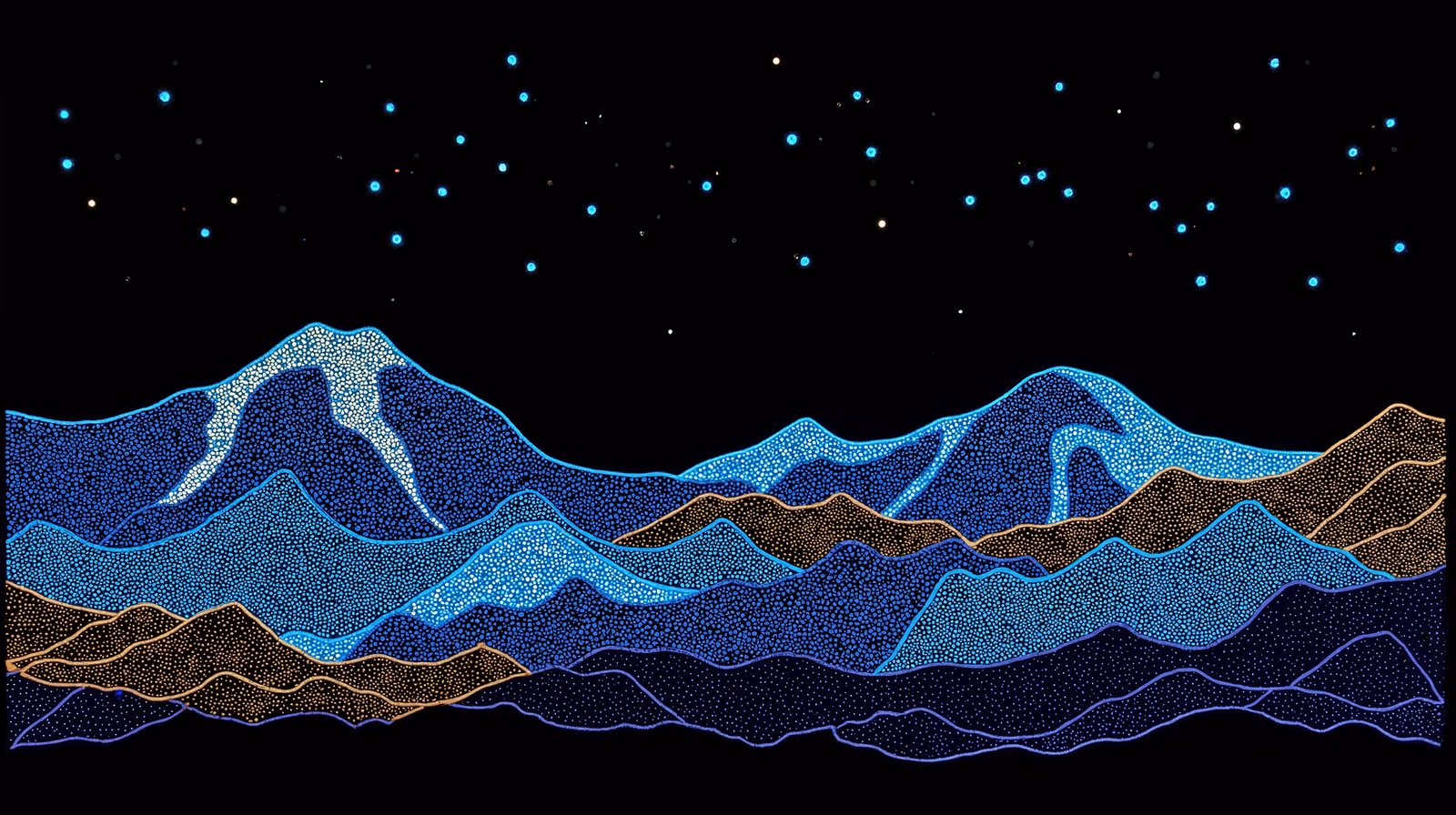 A tranquil night landscape with dotted mountains and twinkling stars.