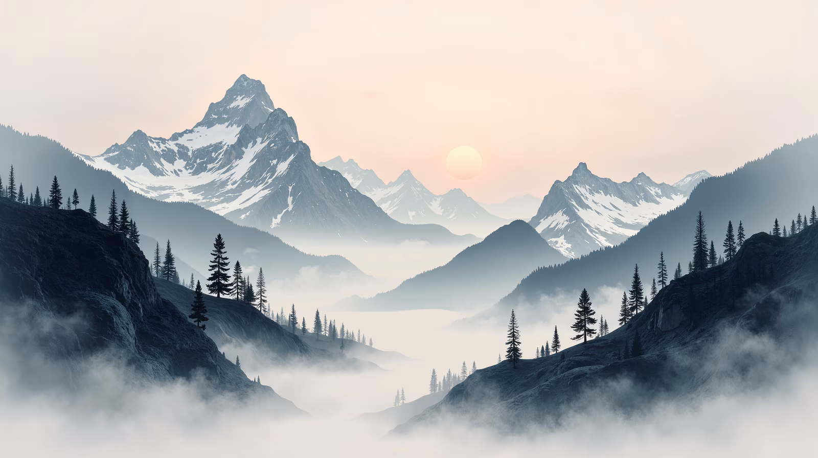 A tranquil sunrise over misty mountains and evergreen forests.