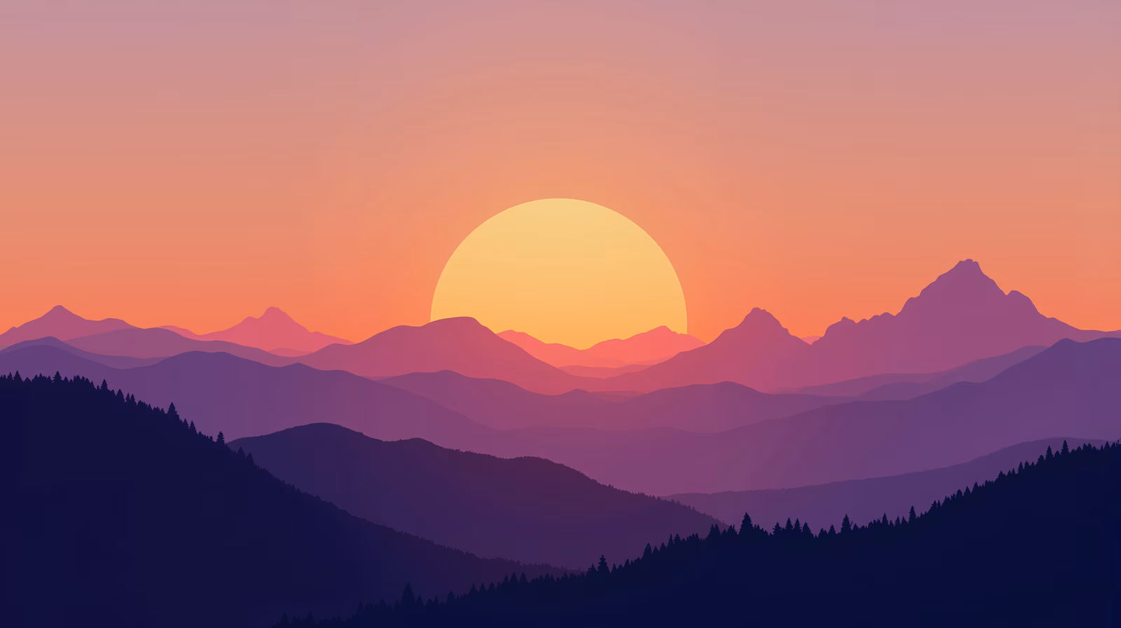 A tranquil sunset over a mountainous landscape, featuring a warm sun and layered silhouettes.