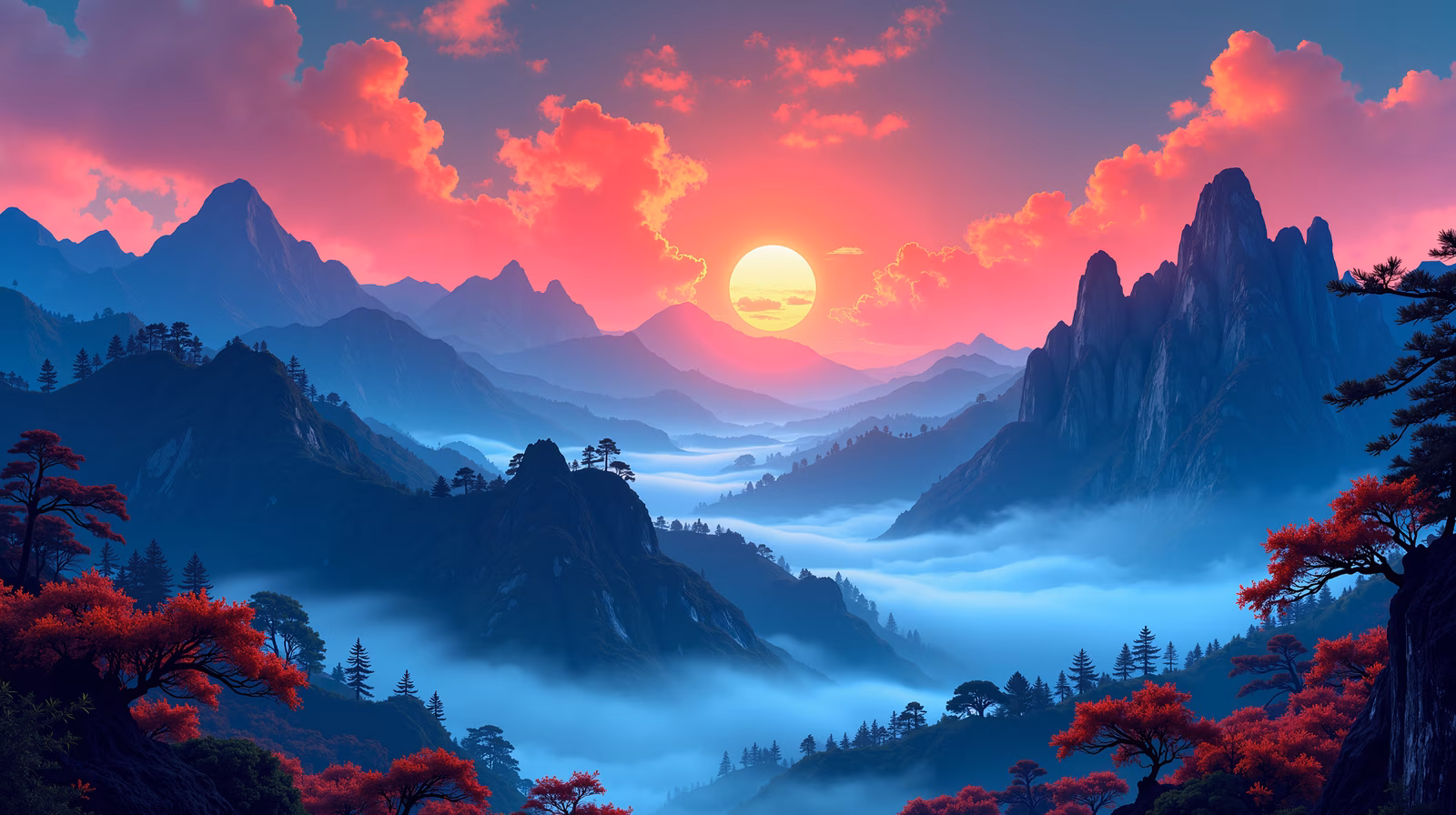 A serene sunset over misty mountains with autumnal trees.