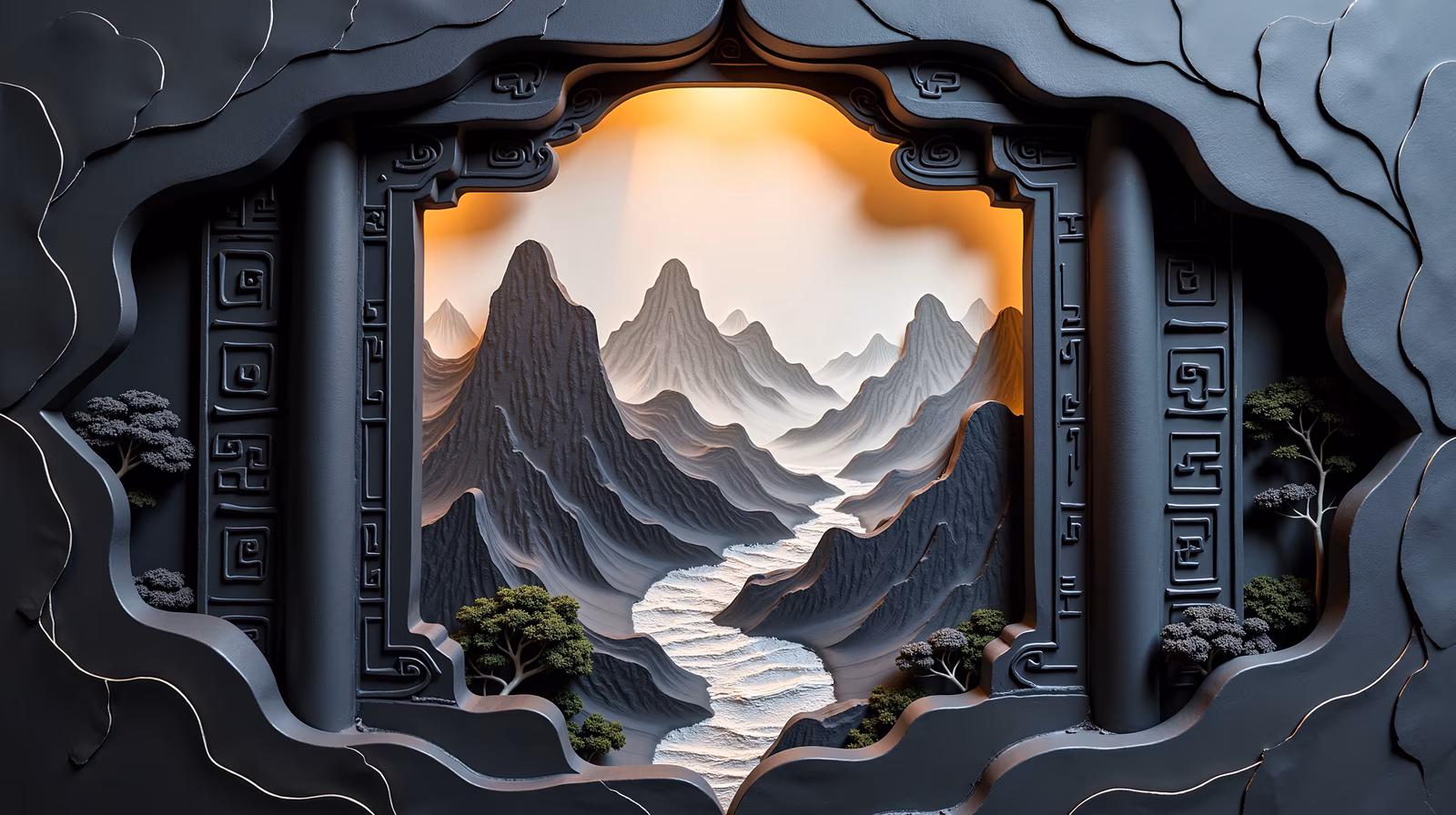 A tranquil mountain landscape viewed through an ancient, ornate doorway, featuring muted earth tones and traditional patterns.