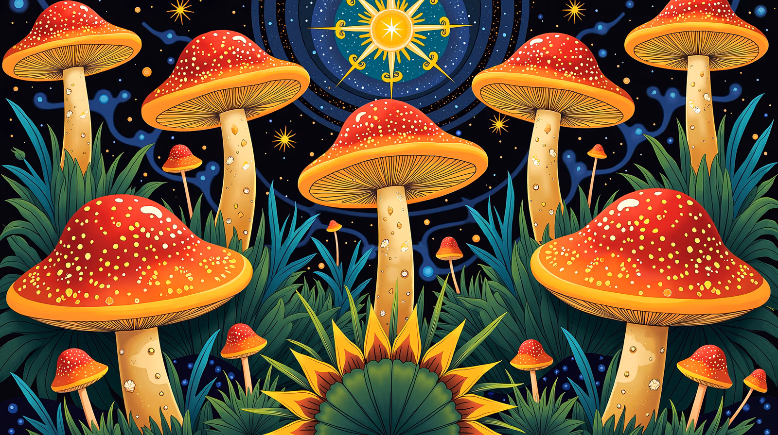 Enchanting mushrooms under a starlit sky, fantasy art.