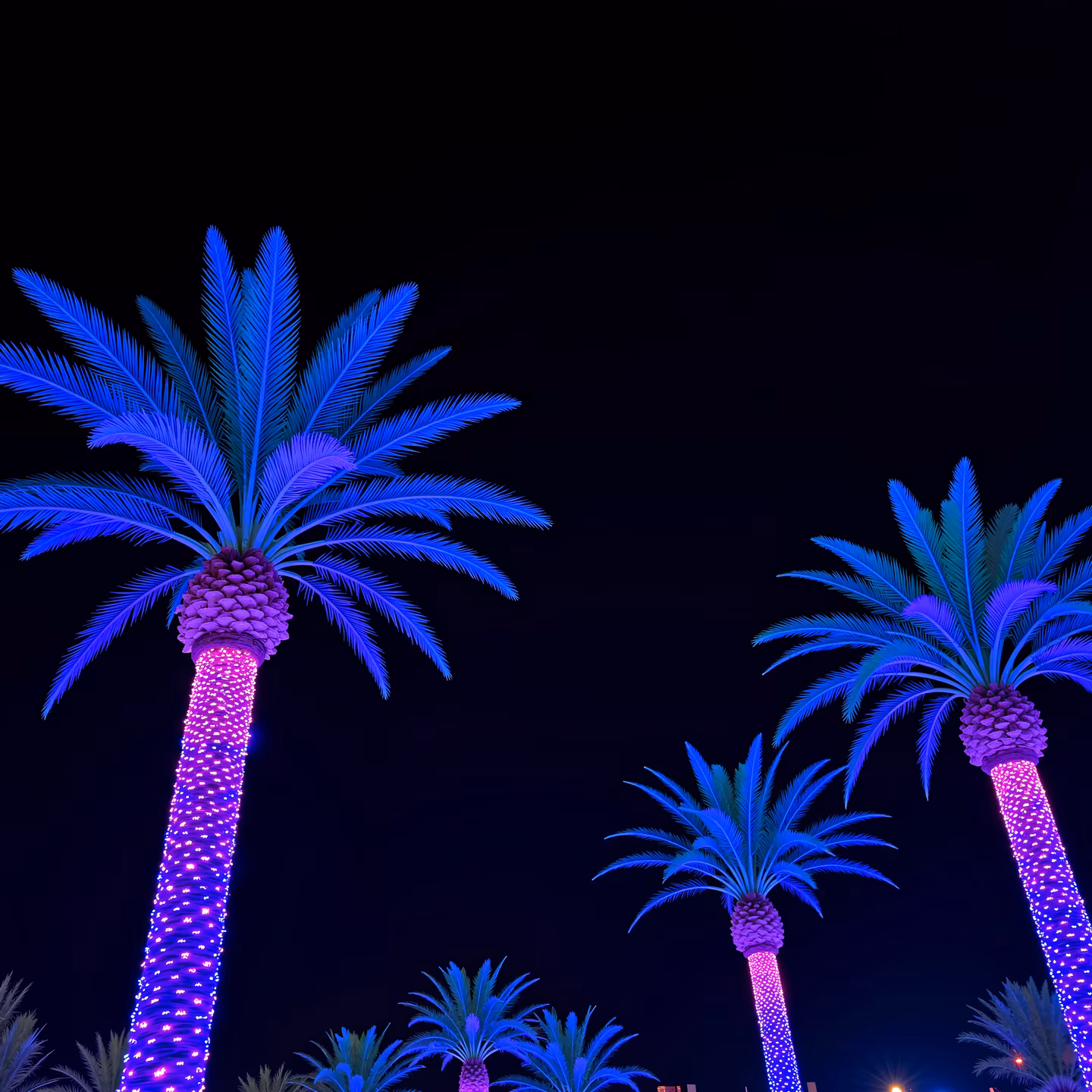 Vibrant neon palm trees glowing against a dark night sky, creating a magical and surreal atmosphere.
