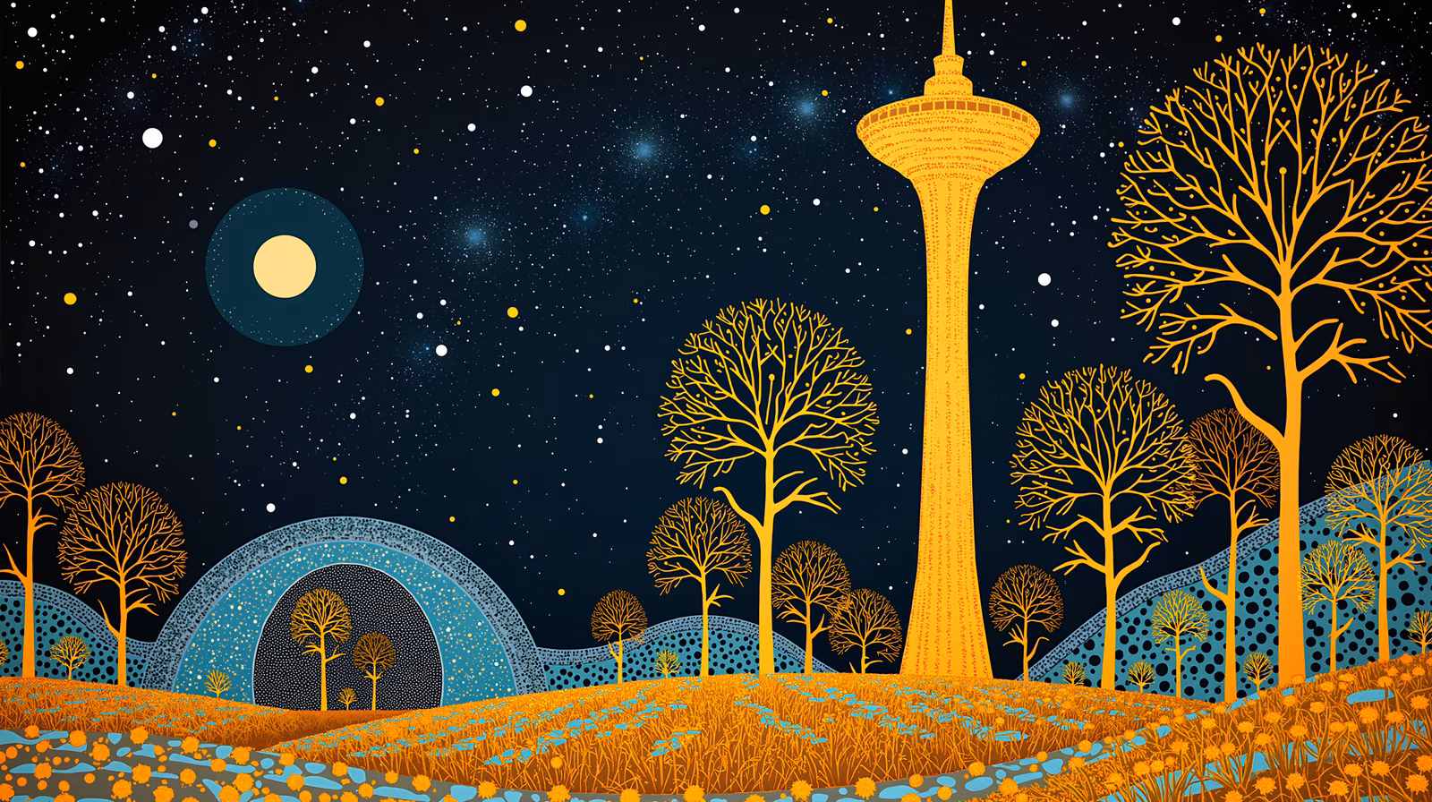 A tranquil night scene with a glowing moon and a detailed tower, set against a starry sky.