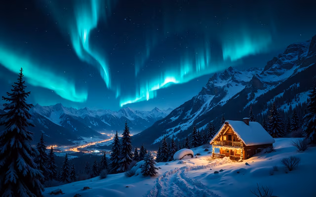 Northern Lights Cabin Illustration