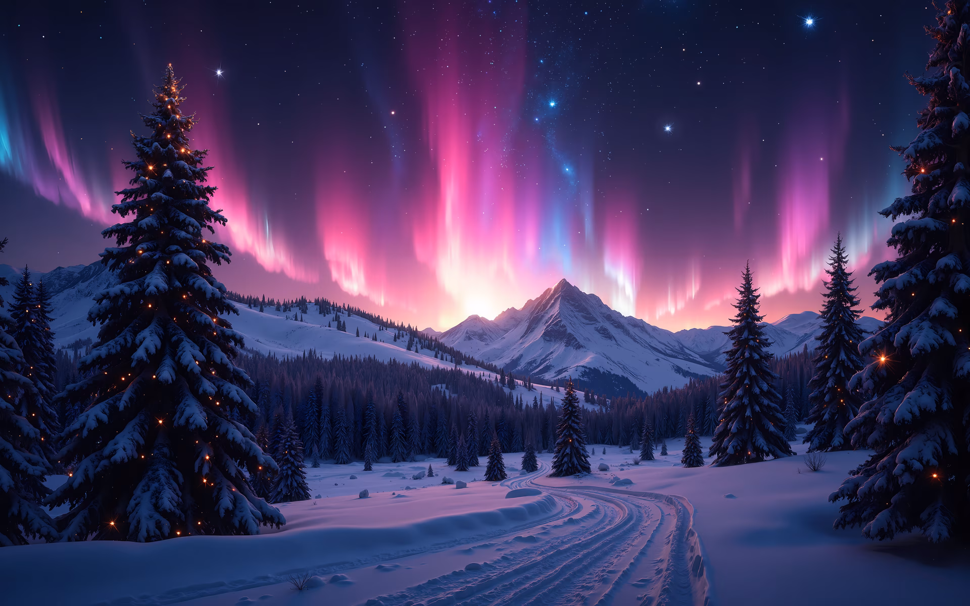 Vibrant Northern Lights illuminate a tranquil winter landscape with snow-covered mountains and pine trees.