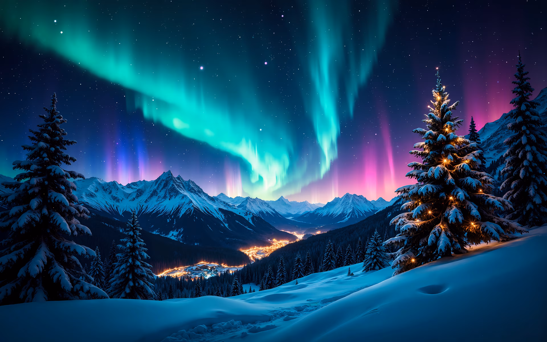 Vibrant Northern Lights over snow-covered mountains and glowing trees.
