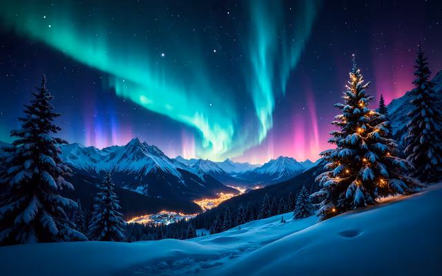 Northern Lights Over Snowy Mountains