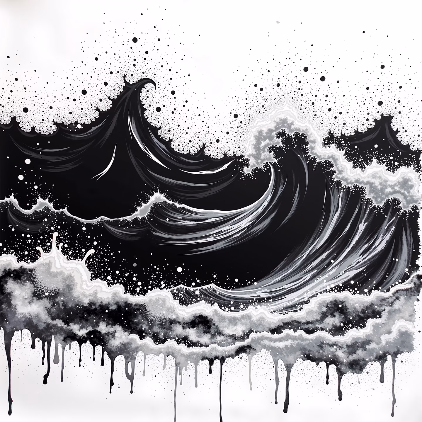 Dynamic black and white illustration of ocean waves