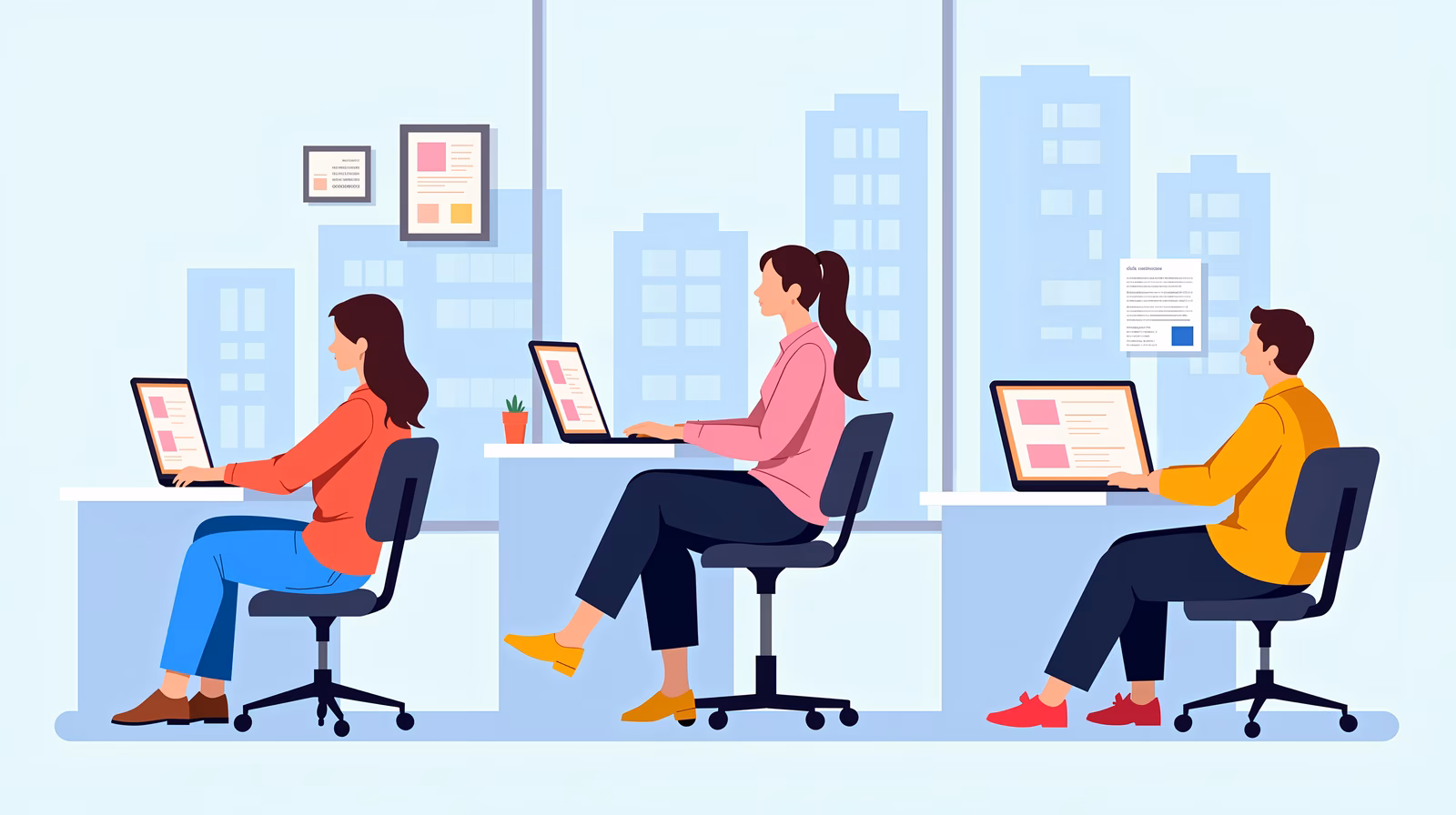 Three office workers focused on their laptops in a modern urban setting.