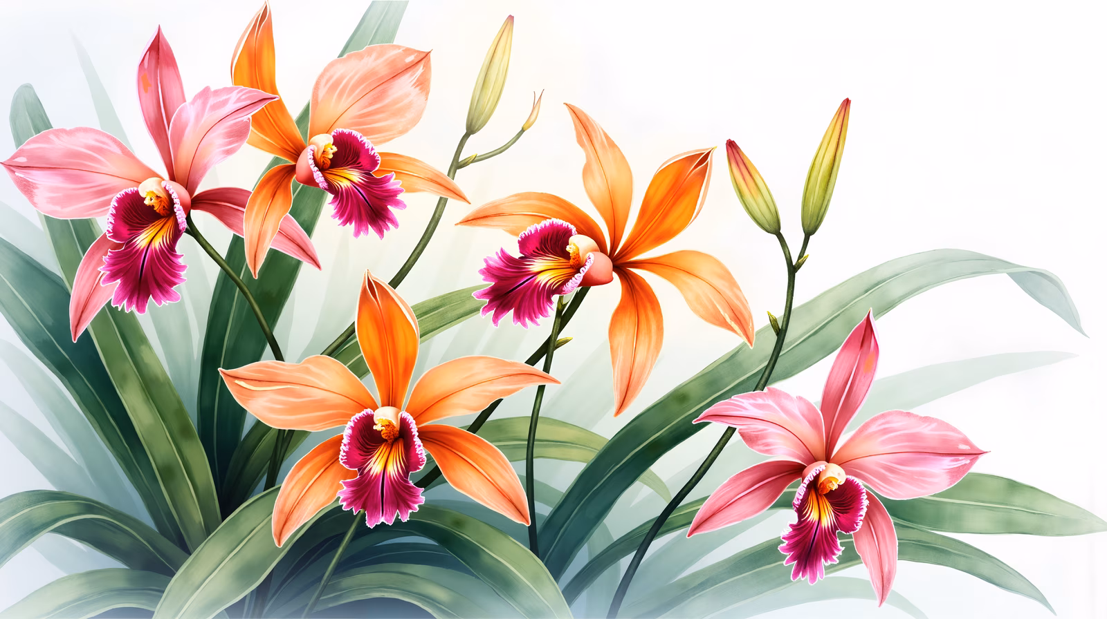 Vibrant orchid illustration with pink and orange tones, lush green leaves, and a cheerful atmosphere.