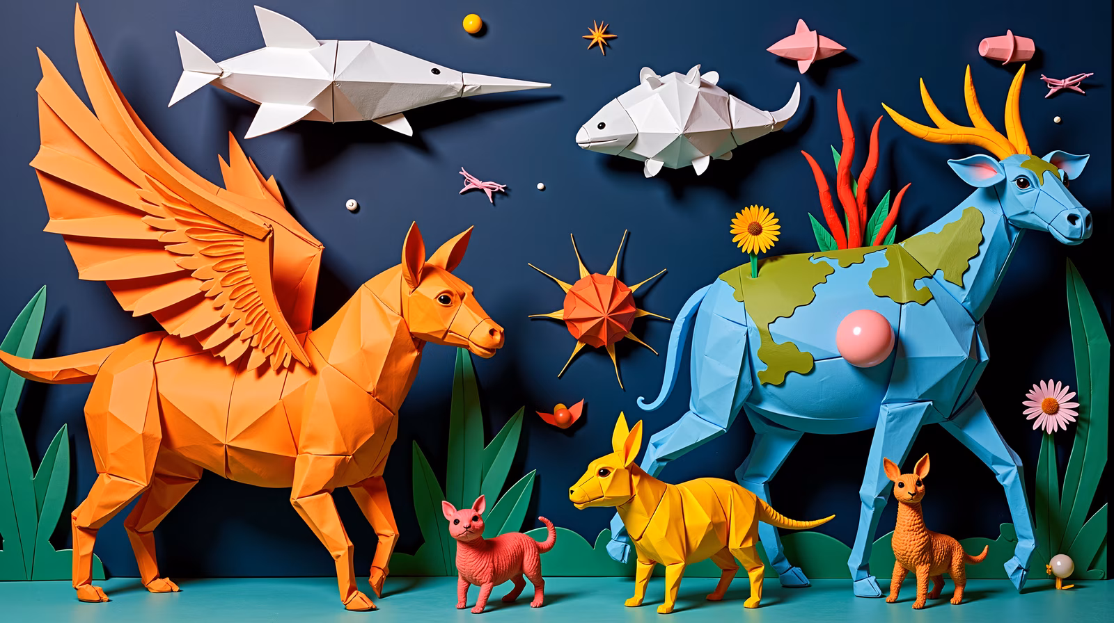 Colorful origami animals in a whimsical kingdom setting.