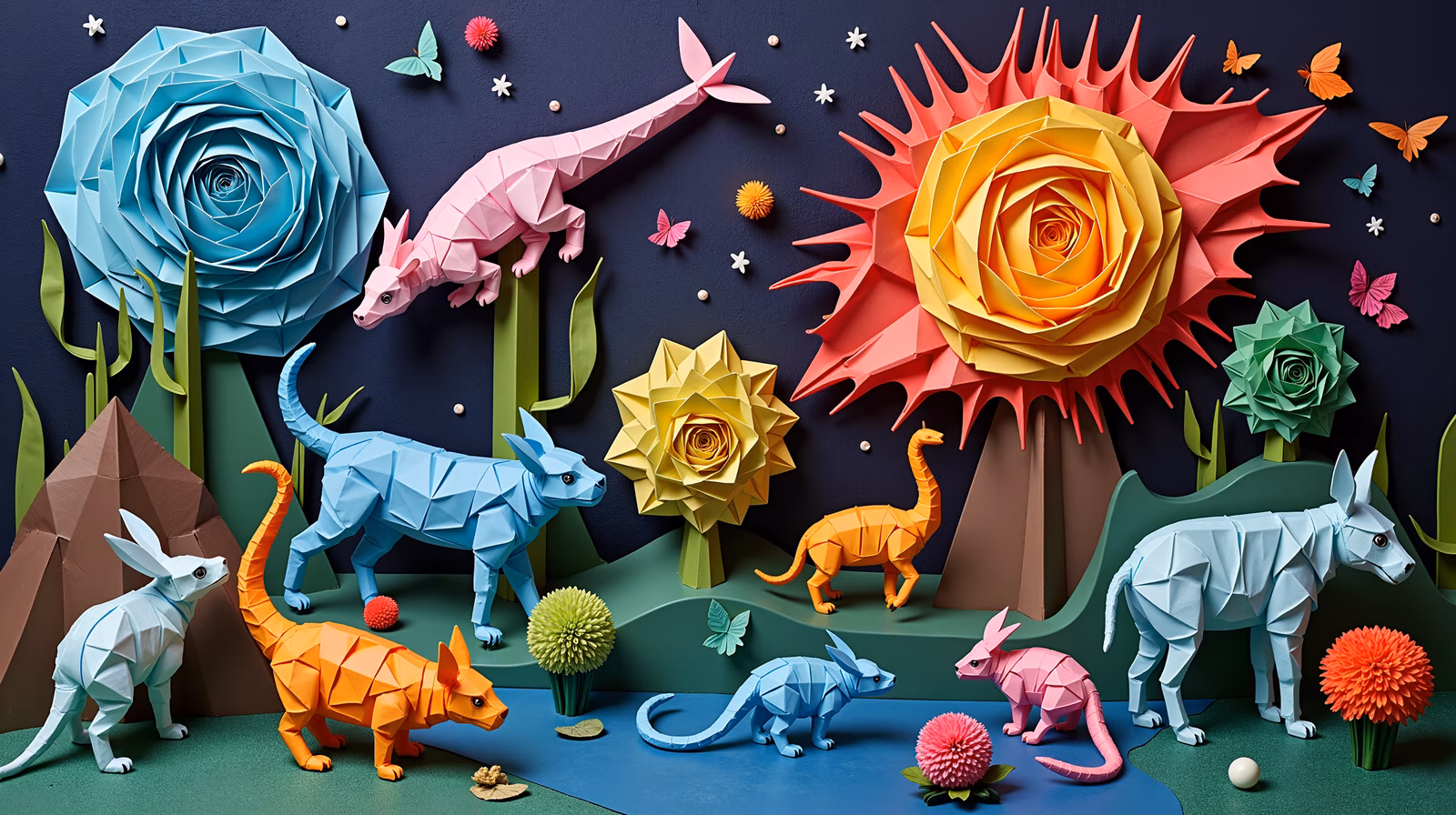 Whimsical origami animals and flowers in a colorful, playful scene.
