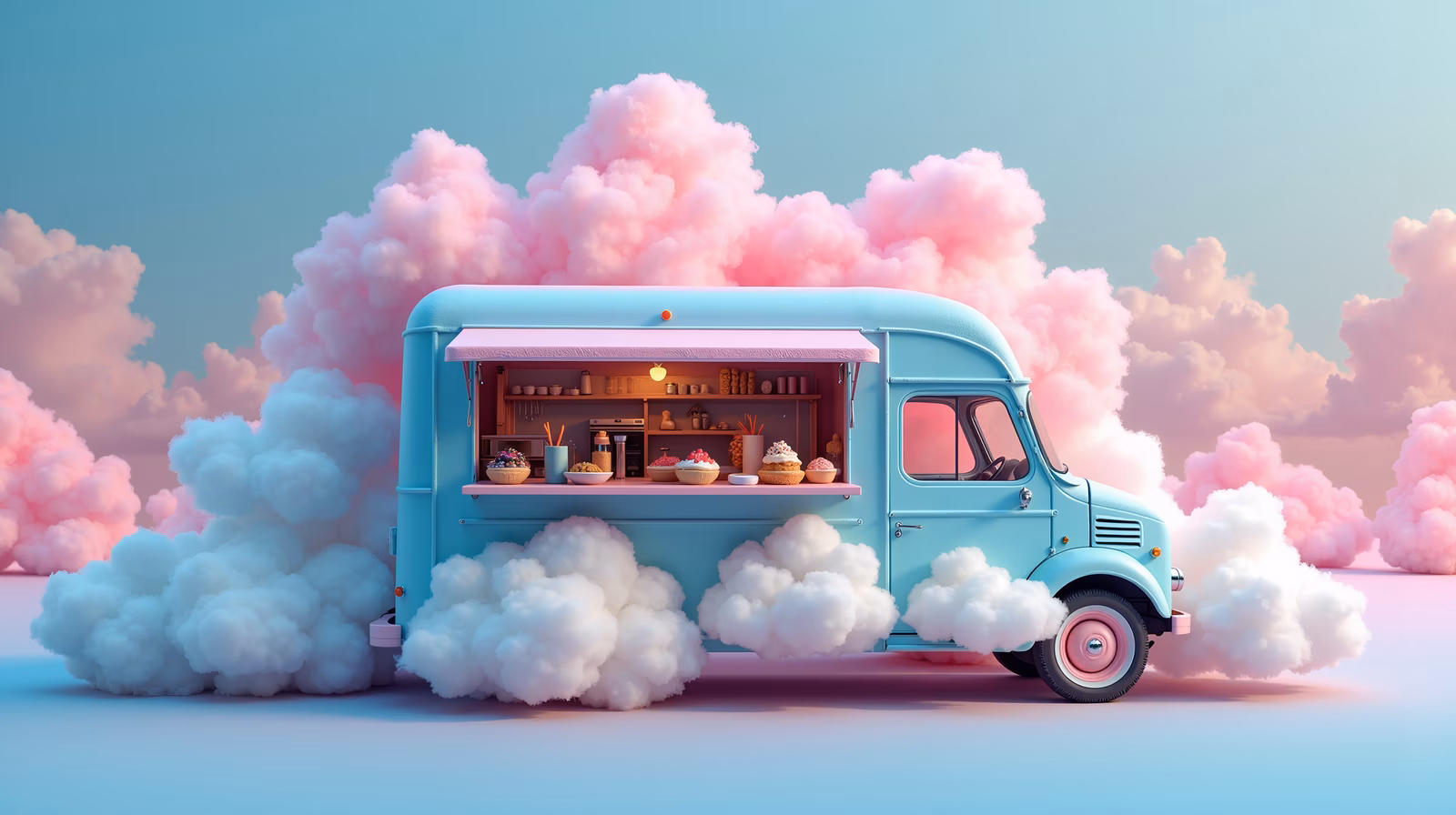 Whimsical pastel food truck with dreamy desserts and fluffy clouds.