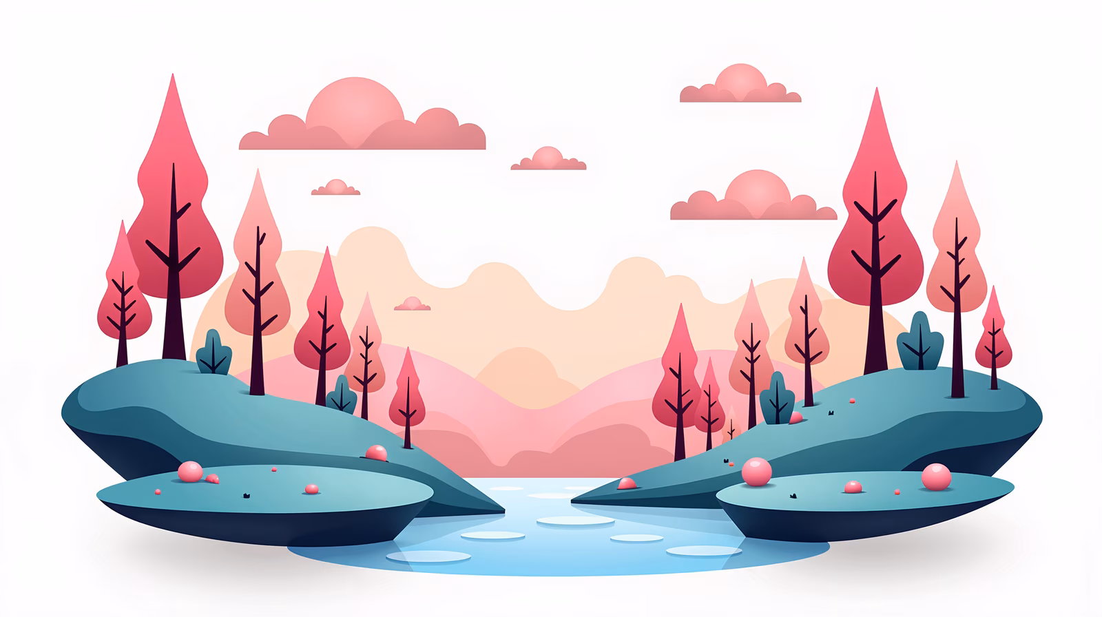 A tranquil pastel-colored landscape with trees and a river.