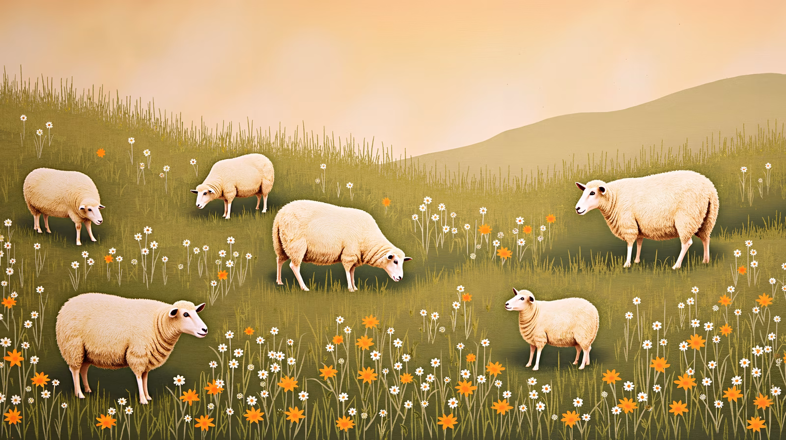 A peaceful illustration of sheep grazing in a blooming meadow.